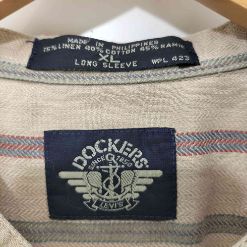 ドッカーズ DOCKERS 90s コットン リネン ラミー ストライプ ヘリンボーン バンドカラー シャツ メンズ import:XL