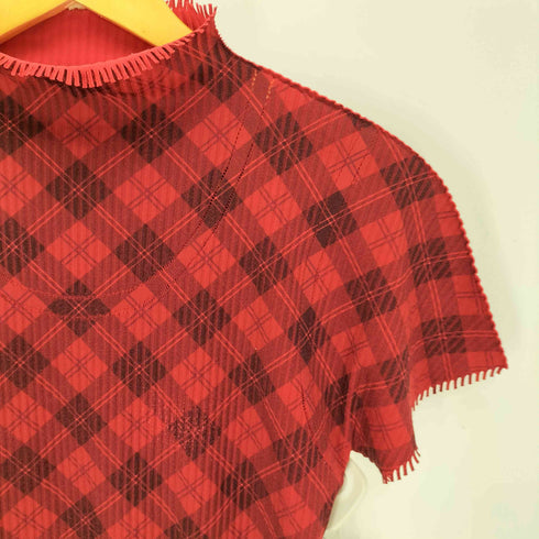 プリーツプリーズイッセイミヤケ PLEATS PLEASE ISSEY MIYAKE タータンチェック柄 プリーツ ハイネック フリンジ S/S シャツ レディース