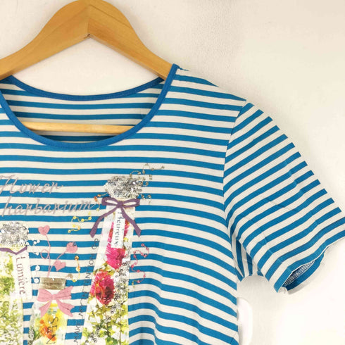 Firosa スパンコール 刺繍 フロントデザイン ボーダー S/S Tシャツ レディース