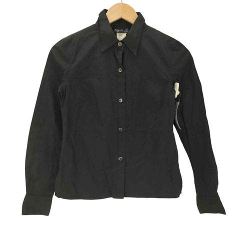 アニエスベー agnes b. PARIS 90S OLD サンライズ期 L/S クロップド ブラック プレーン シャツ レディース O