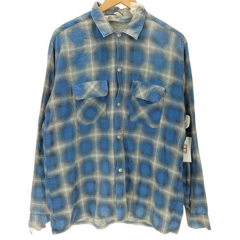 50-60S コットン 開襟 オープンカラー チェック柄 L/S プリント ネル シャツ ボックス 襤褸 ボロ vintage ヴィンテージ メンズ import:L