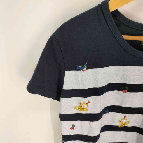 ヴィヴィアンウエストウッドアングロマニア Vivienne Westwood ANGLOMANIA ボーダーマリン系 オーブ刺繍 Tシャツ レディース import:L