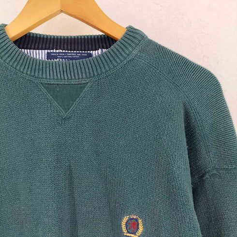 トミーヒルフィガー TOMMY HILFIGER 90s インド製 フロント刺繍 前V コットンニット メンズ import:L