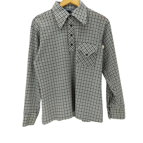 アロー ARROW 70S OLD CHAPPARAL Perma-Iron カナダ製 デカ襟 ハーフボタン L/S プルオーバー チェック シャツ 襟芯 vintage ヴィンテージ メンズ import:L