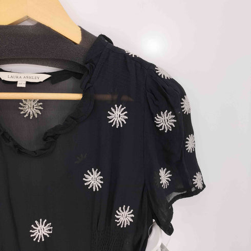 ローラアシュレイ LAURA ASHLEY フラワー刺繍 ウエストレースリボン シアー 半袖 ワンピース レディース JPN:11号