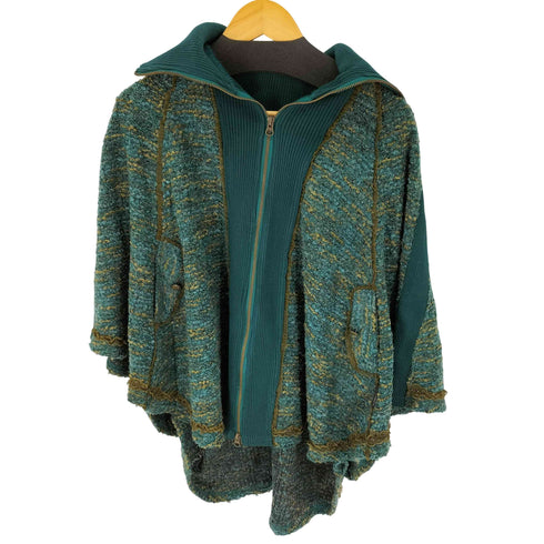 OZZONESTE ダークグリーン ハイネック ダブルジップ ニットケープ レディース