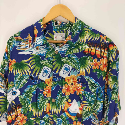 レインスプーナー Reyn Spooner 90S 総柄 ハイビスカス ウクレレ フラダンス レーヨン S/S 開襟 アロハシャツ メンズ