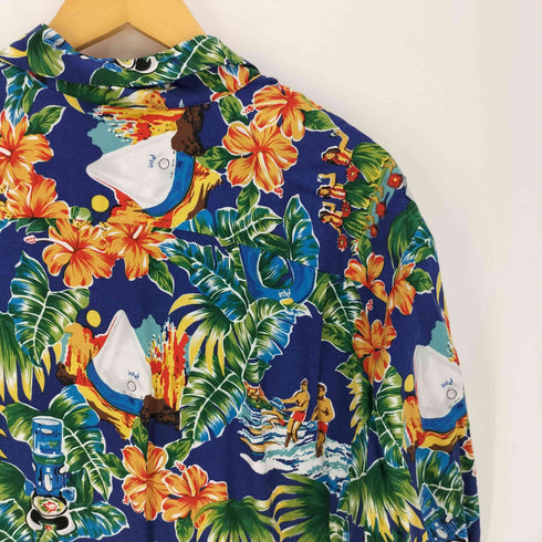 レインスプーナー Reyn Spooner 90S 総柄 ハイビスカス ウクレレ フラダンス レーヨン S/S 開襟 アロハシャツ メンズ