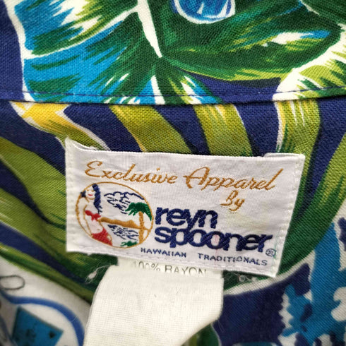 レインスプーナー Reyn Spooner 90S 総柄 ハイビスカス ウクレレ フラダンス レーヨン S/S 開襟 アロハシャツ メンズ