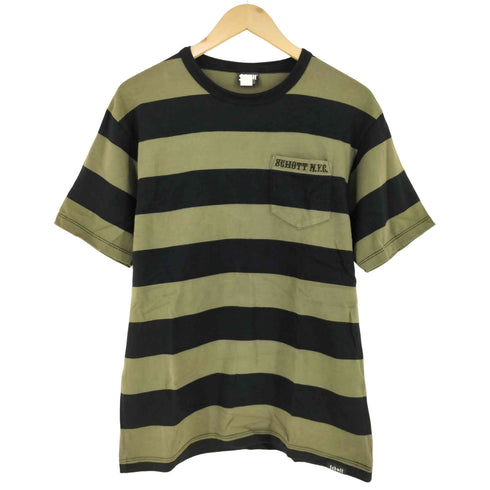 ショット Schott ロゴ刺繍 ボーダー 半袖 ポケットTシャツ メンズ M