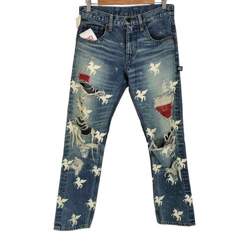 アールエヌエー RNA Sweats & Bloods USED加工 ペガサス柄 ストレート デニムパンツ レディース SS