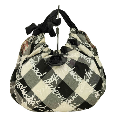 ヴィヴィアンウエストウッドアクセサリー Vivienne Westwood Accessories メッセージプリント ブロックチェック オーブロゴ コットン ハンドバッグ レディース