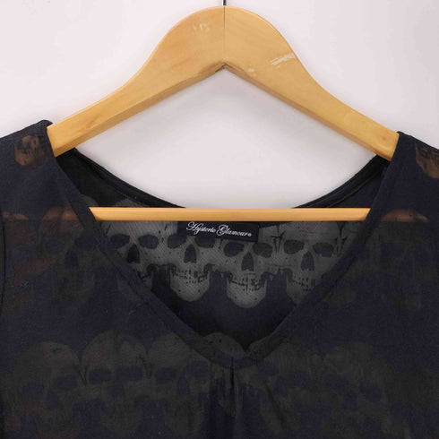 ヒステリックグラマー HYSTERIC GLAMOUR ポリ コットン髑髏 スカル シースルー Vネック L/S カットソー Tシャツ ロンT Y2K レディース FREE