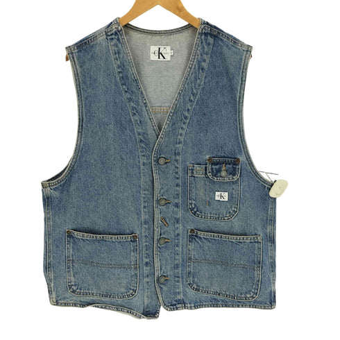 カルバンクラインジーンズ Calvin Klein Jeans 90S USA製 革パッチ 3ポケット デニムベスト メンズ import:XL