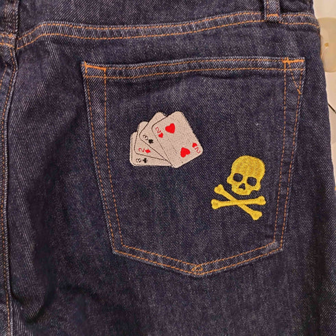 ギャップ Gap STRAIGHT GAPFLEX リメイク加工 トランプ×スカル刺繍 ストレート デニム メンズ 34×32