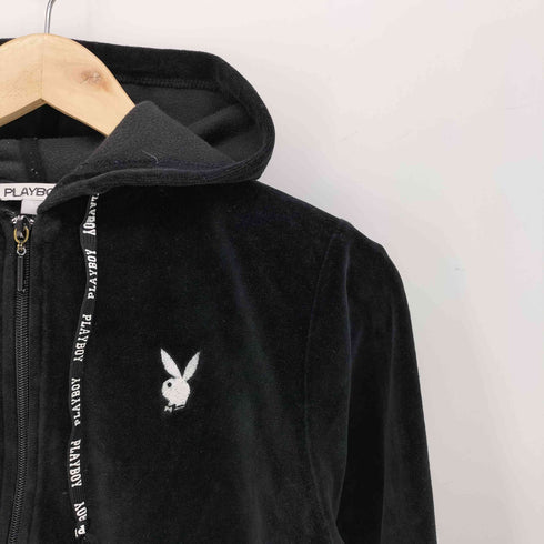プレイボーイ PLAYBOY ロゴ 刺繍 ダブルジップ ベロア パーカー Y2K レディース import:M