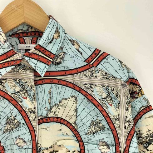 ソブ Sov. 総柄 世界地図 ヨット 海 民族 S/S スナップボタン シャツ レディース JPN:36