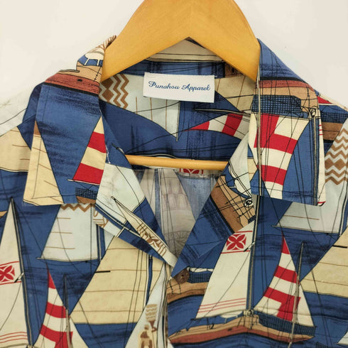 PUNAHOU APPAREL ヨット柄 ココナッツボタン オープンカラー アロハ シャツ メンズ