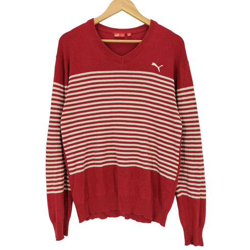 プーマ PUMA ロゴ 刺繍 Vネック ボーダー ニット メンズ import:M