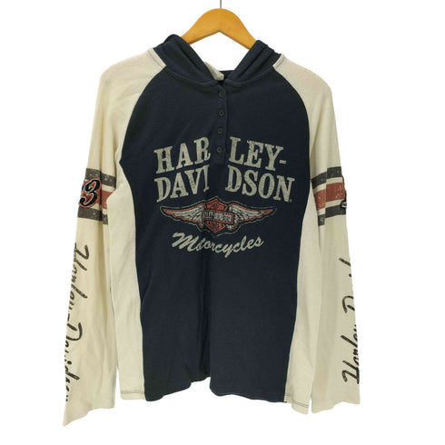 ハーレーダビッドソン HARLEY-DAVIDSON 00S OLD モーターサイクル ロゴ プリント ワッフル サーマル ヘンリーネック フーディー カットソー Y2K メンズ import:L