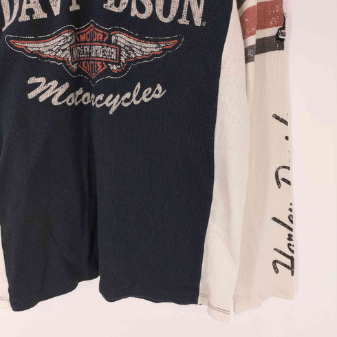 ハーレーダビッドソン HARLEY-DAVIDSON 00S OLD モーターサイクル ロゴ プリント ワッフル サーマル ヘンリーネック フーディー カットソー Y2K メンズ import:L