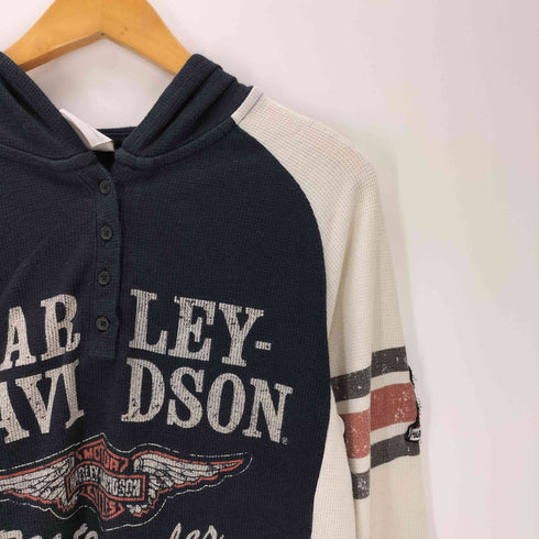 ハーレーダビッドソン HARLEY-DAVIDSON 00S OLD モーターサイクル ロゴ プリント ワッフル サーマル ヘンリーネック フーディー カットソー Y2K メンズ import:L
