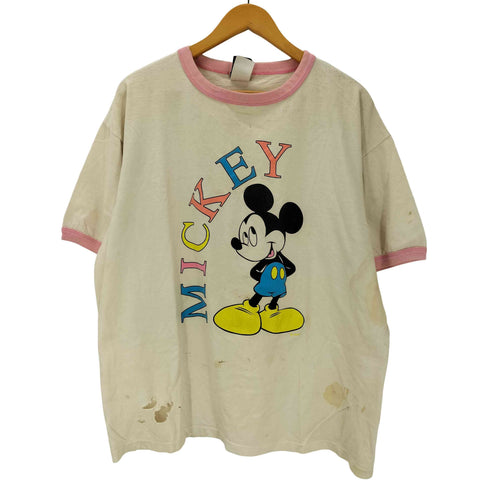 90S USA製 テーマパーク キャラクター プリント S/S リンガー Tシャツ 黄足 メンズ import:XL