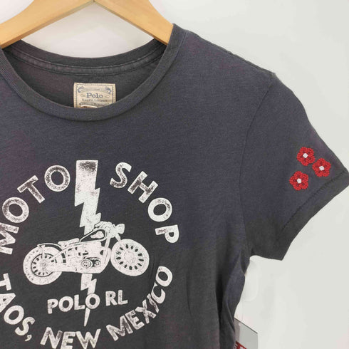 ポロラルフローレン POLO RALPH LAUREN MOTO SHOP 袖裾シングル バイクプリント 花刺繍 クルーネックTシャツ レディース import:XS