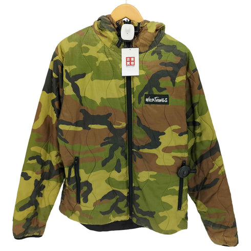 ワイルドシングス WILD THINGS 90S USA製 紙タグ PRIMALOFT プリマロフト ウッドランドカモ リップストップ リバーシブル キルティング フーデット ジャケット メンズ import:M