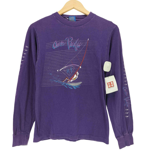 オーシャンパシフィック Ocean Pacific 80s USA製 裾シングルステッチ ウインドサーフィン 袖プリント クルーネック 長袖Tシャツ レディース import:S