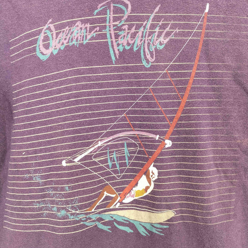 オーシャンパシフィック Ocean Pacific 80s USA製 裾シングルステッチ ウインドサーフィン 袖プリント クルーネック 長袖Tシャツ レディース import:S