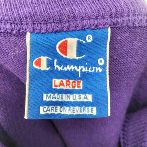 チャンピオン Champion 80-90S USA製 青刺繍タグ ロゴ プリント 袖 目あり Tシャツ 袖シングル メンズ import:L