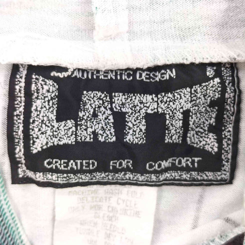 80-90S LATTE ラテ USA製 コットン ポリ 袖・フードチェック切替 ロゴプリント ストライプ 半袖 ベースボールシャツ パーカー メンズ