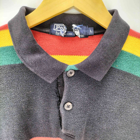 ポロバイラルフローレン Polo by RALPH LAUREN 90S USA製 ポニー刺繍 ラスター カラー ボーダー L/S ラガー ポロ シャツ 鹿の子 メンズ import:L