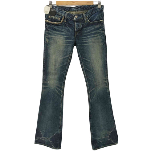 ヒステリックグラマー HYSTERIC GLAMOUR 00S ヒスガール 革パッチ スタッズ 装飾 ダメージ ヴィンテージ 加工 ローライズ フレア デニム パンツ Y2K メンズ JPN:M