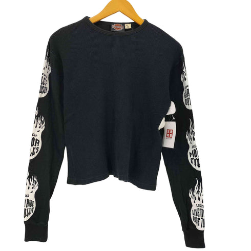ハーレーダビッドソン HARLEY-DAVIDSON ファイヤーパターン袖 クロップド丈 ワッフルサーマル クルーネック長袖Tシャツ Y2K メンズ import:M