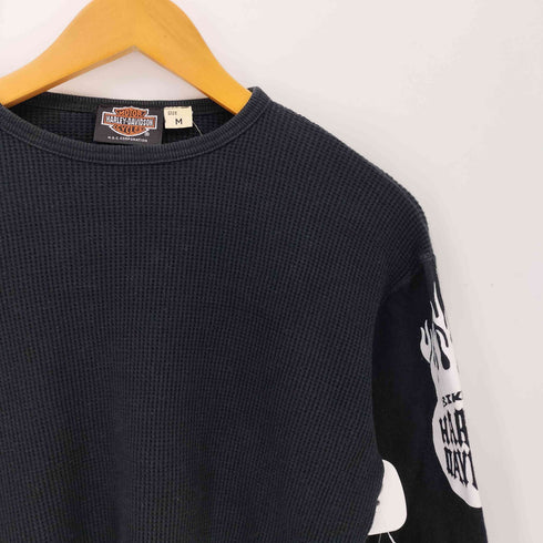 ハーレーダビッドソン HARLEY-DAVIDSON ファイヤーパターン袖 クロップド丈 ワッフルサーマル クルーネック長袖Tシャツ Y2K メンズ import:M