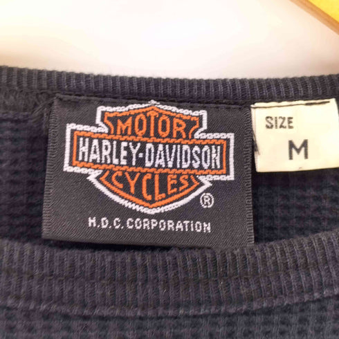 ハーレーダビッドソン HARLEY-DAVIDSON ファイヤーパターン袖 クロップド丈 ワッフルサーマル クルーネック長袖Tシャツ Y2K メンズ import:M