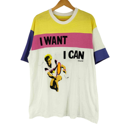 アディダス adidas 90-00s 万国旗タグ I WANT I CAN TENNISフロントプリント 半袖 Tシャツ メンズ