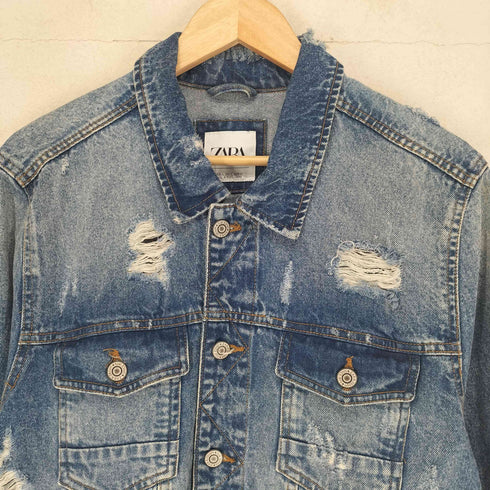 ザラ ZARA ダメージ加工バックプリントデニムジャケット メンズ import:L