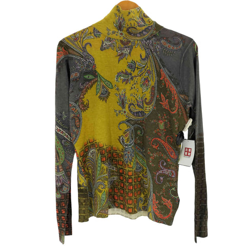 エトロ ETRO イタリア製 ペイズリー柄 カシミヤ混シルク ハイネック長袖カットソー レディース