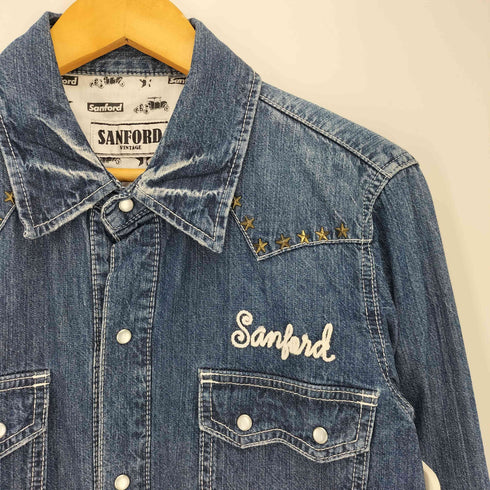 SANFORD ロゴ刺繍 スタースタッズ ダブルフラップポケット デニムシャツ メンズ JPN:L