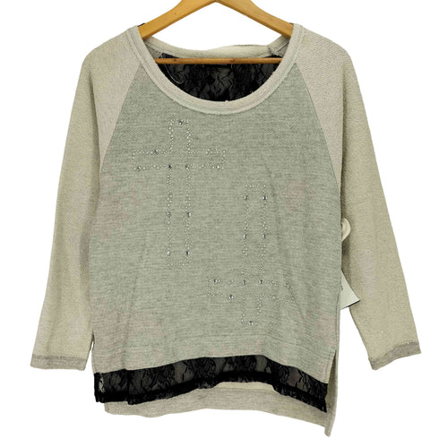 ReorMix 十字架 ラインストン レースドッキング 異素材切替 長袖Tシャツ レディース JPN:M
