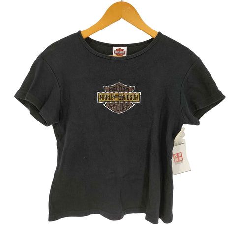 ハーレーダビッドソン HARLEY-DAVIDSON Beaded Logo Embroidered Crewneck T-Shirt ビーズ ロゴ刺繍 S/S クルーネック Tシャツ Y2K レディース import:L