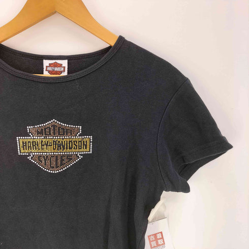 ハーレーダビッドソン HARLEY-DAVIDSON Beaded Logo Embroidered Crewneck T-Shirt ビーズ ロゴ刺繍 S/S クルーネック Tシャツ Y2K レディース import:L