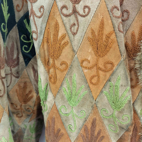 Sunita フラワーモチーフ 刺繍 パネル 切替 ファー ダイヤ キルティング スウェード ジャケット メンズ