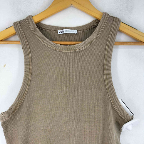 ザラ ZARA ダメージ加工 リブノースリーブワンピース レディース import:L