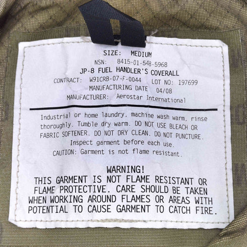 ユーエスアーミー U.S. ARMY JP-8 Fuel Handler's Coveralls ゴアテックス カバーオール メンズ M