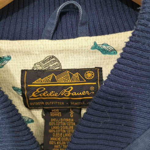 エディーバウアー Eddie Bauer 80-90s 黒タグ 裏地フィッシング柄 プリント デニム ボンバージャケット MA-1 メンズ import:L
