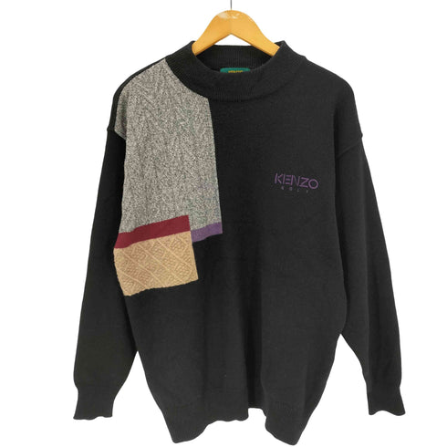 ケンゾーゴルフ KENZO GOLF 80-90S OLD 初期 ケーブル編み パネル スイッチング ローゲージ モヘヤ ブラック ニット セーター メンズ JPN:3